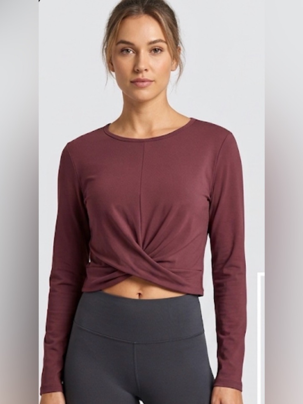 90 Degree By Reflex Twist-Front Long Sleeve Crop Top - Maroon